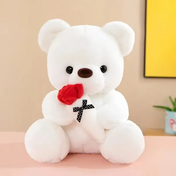 Charmant trio d'ours en peluche avec roses, Peluches douces en polypropylène, cadeaux idéaux pour tous les âges, Disponible en blanc, gris, rose – Image 4