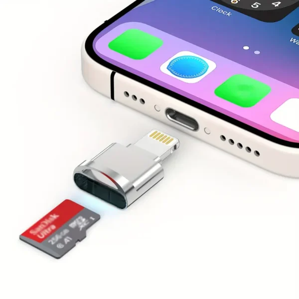 1 adaptateur de lecteur de carte micro mini RISKAI, connecteur Lightning à 8 broches, lecteur de carte mémoire TF pour iPhone 14, iPad, iPod et appareils iOS, résine ABS, finition métallique, compatible avec le transfert de données, puissance de sortie 0-5 W, aucune batterie requise – Image 8