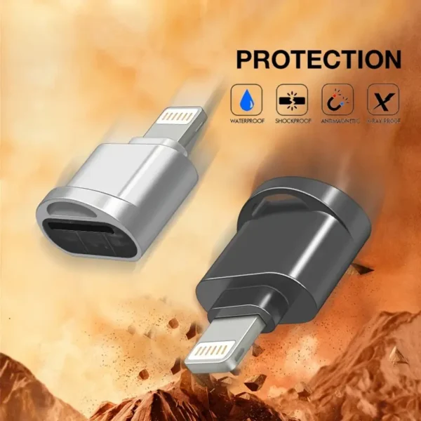 1 adaptateur de lecteur de carte micro mini RISKAI, connecteur Lightning à 8 broches, lecteur de carte mémoire TF pour iPhone 14, iPad, iPod et appareils iOS, résine ABS, finition métallique, compatible avec le transfert de données, puissance de sortie 0-5 W, aucune batterie requise – Image 9