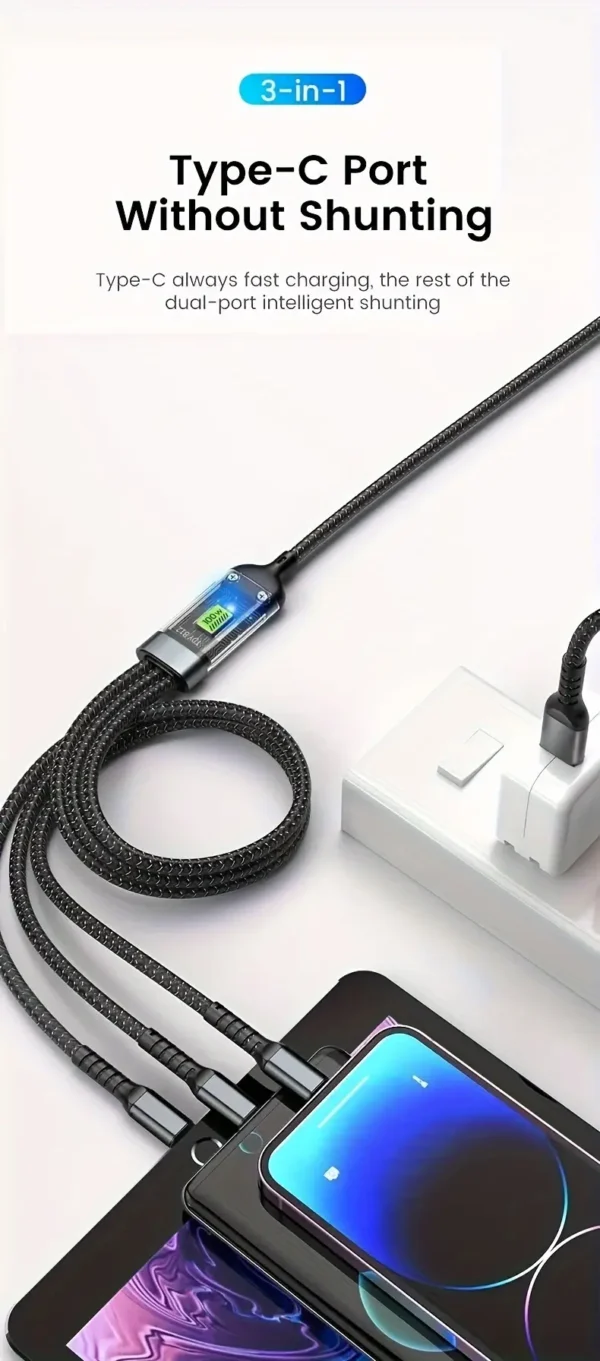 Câble de charge rapide 3 en 1 OLISHEN 100 W, rond en nylon mat USB vers Lightning/Micro/Type-C, chargeur universel haute performance pour iPhone 14/13/12/11 Pro Max/SE/X/8/7/6, compatible avec divers smartphones et appareils, connecteur mâle vers mâle, transmission de données possible – Image 11
