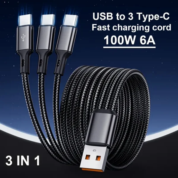 Câble de charge ultra rapide USB vers 3 types C 100 W 6 A 20 cm/120 cm pour Huawei Honor Xiaomi Redmi POCO pour SamSung OPPO pour VIVO Câbles de chargeur USB haute vitesse Câble de charge USB C pour voiture Chargeur USB C Type-C Câble de données USB vers Type C 3 en 1 Câble de chargeur de téléphone – Image 2