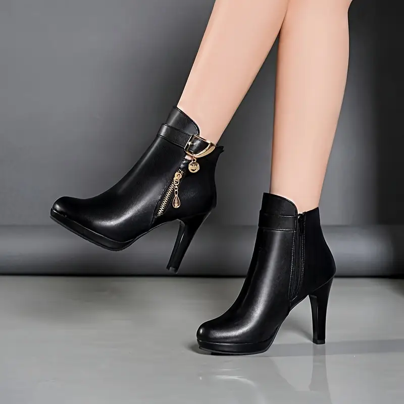 Bottines à plateforme imperméables chics pour femmes avec fermeture éclair latérale, Revêtement en similicuir, talon épais, bout rond 3 Bottines à plateforme imperméables chics pour femmes avec fermeture éclair latérale, Revêtement en similicuir, talon épais, bout rond – Image 2