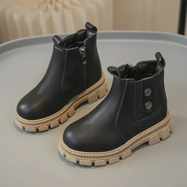 1 paire de bottines Chelsea tendance pour enfants, bottines courtes décontractées à bout rond avec fermeture éclair en similicuir avec semelle TPR et semelle intérieure en tissu pour garçons et filles - Image 2