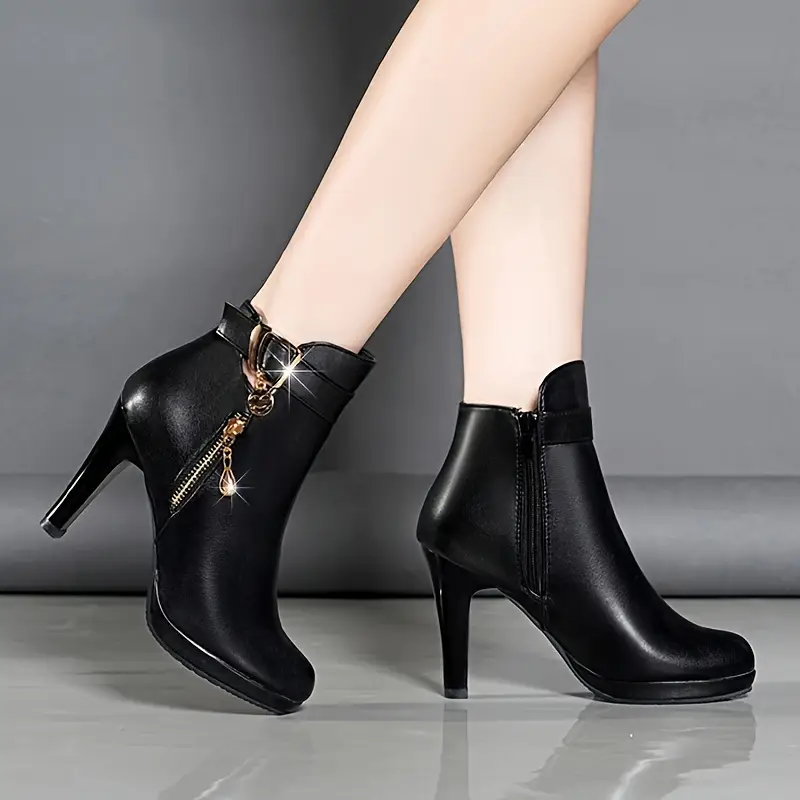Bottines à plateforme imperméables chics pour femmes avec fermeture éclair latérale, Revêtement en similicuir, talon épais, bout rond 2 Bottines à plateforme imperméables chics pour femmes avec fermeture éclair latérale, Revêtement en similicuir, talon épais, bout rond