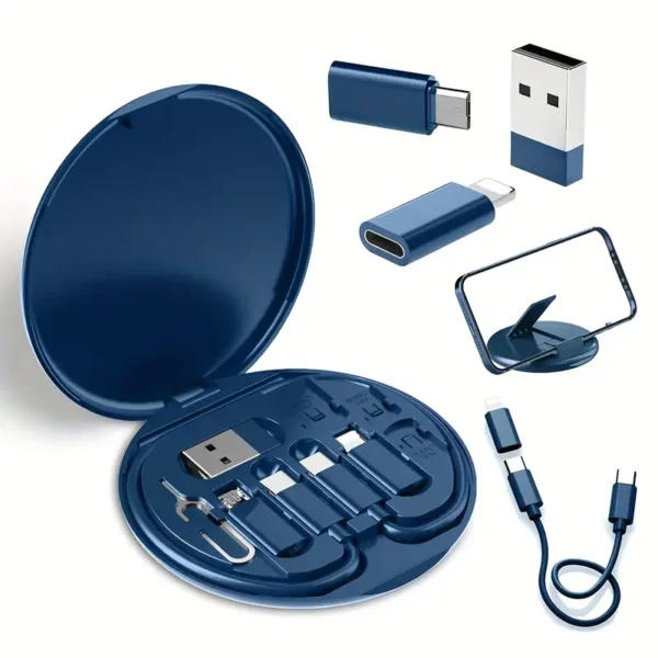 Kit de câbles adaptateurs de charge USB 4 en 1 SAN.COMO avec convertisseurs Type-C, Micro USB, Lightning, transfert de données, stockage de carte SIM, broche d'éjection et fonction de support de téléphone - Étui de rangement de câbles en matériau PC