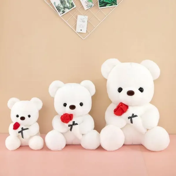 Charmant trio d'ours en peluche avec roses, Peluches douces en polypropylène, cadeaux idéaux pour tous les âges, Disponible en blanc, gris, rose – Image 2