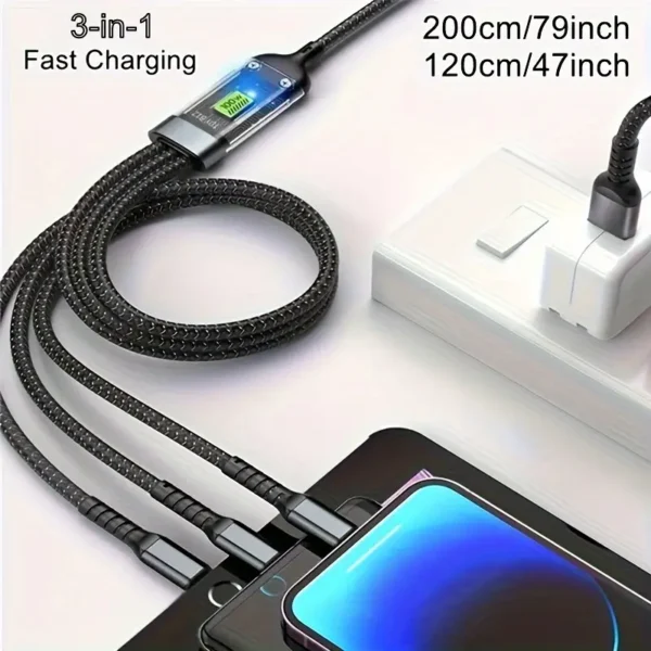 Câble de charge rapide 3 en 1 OLISHEN 100 W, rond en nylon mat USB vers Lightning/Micro/Type-C, chargeur universel haute performance pour iPhone 14/13/12/11 Pro Max/SE/X/8/7/6, compatible avec divers smartphones et appareils, connecteur mâle vers mâle, transmission de données possible – Image 5