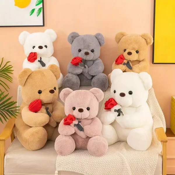 Charmant trio d'ours en peluche avec roses, Peluches douces en polypropylène, cadeaux idéaux pour tous les âges, Disponible en blanc, gris, rose