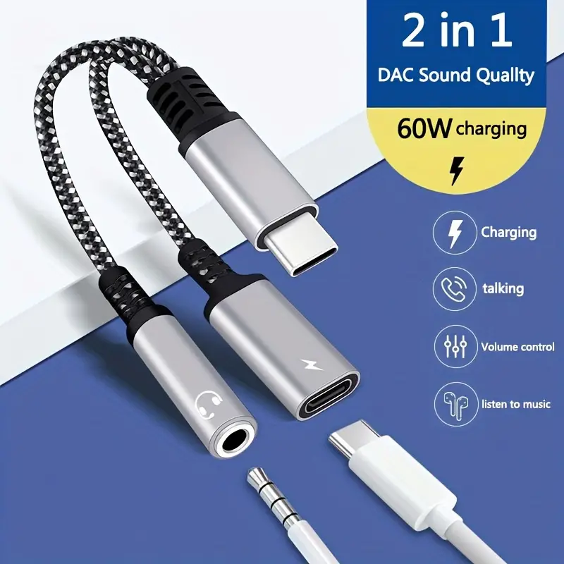 Adaptateur audio USB C vers 3,5 mm, charge rapide 60 W PD USB-C mâle vers auxiliaire femelle et type C femelle, son DAC 2 en 1, compatible avec plusieurs appareils iPhone, Samsung, Google, OPPO, Xiaomi - Aucune batterie requise 2 Adaptateur audio USB C vers 3,5 mm, charge rapide 60 W PD USB-C mâle vers auxiliaire femelle et type C femelle, son DAC 2 en 1, compatible avec plusieurs appareils iPhone, Samsung, Google, OPPO, Xiaomi - Aucune batterie requise