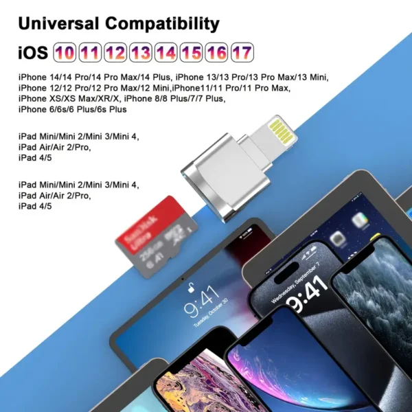 1 adaptateur de lecteur de carte micro mini RISKAI, connecteur Lightning à 8 broches, lecteur de carte mémoire TF pour iPhone 14, iPad, iPod et appareils iOS, résine ABS, finition métallique, compatible avec le transfert de données, puissance de sortie 0-5 W, aucune batterie requise – Image 2