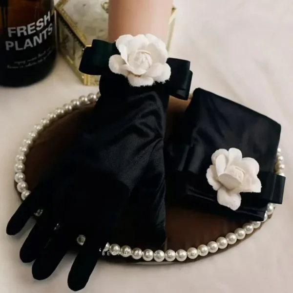 Gants de soirée noirs élégants avec manchette florale, mélange de polyester et d'élasthanne, gants pour occasions spéciales pour femmes 19 décembre 2024 Kotazando