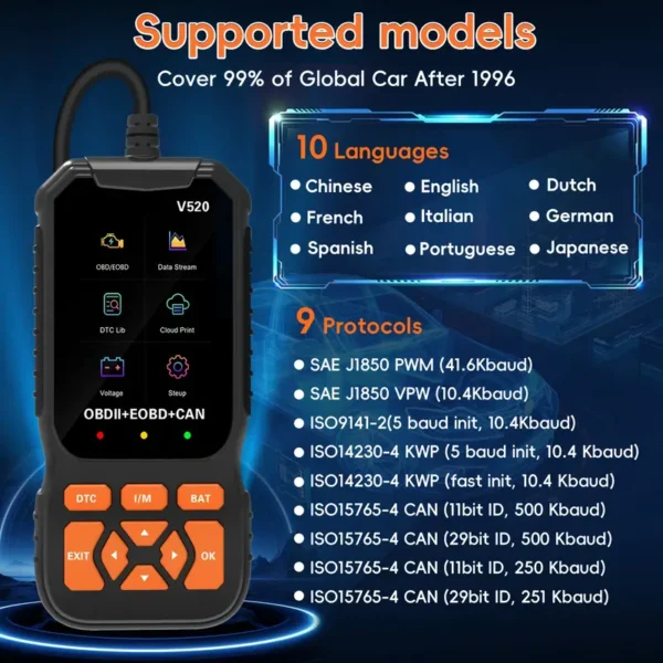 Outil de diagnostic professionnel OBD2, lecteur de codes de voyant de contrôle du moteur, scanner OBD2 avec réinitialisation, mode 6, mode 8 et préparation I/M, outil de diagnostic de scanner de voiture OBDII/EOBD Plug & Play pour toutes les voitures après 1996 – Image 5