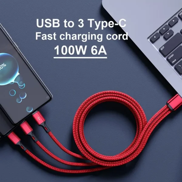 Câble de charge ultra rapide USB vers 3 types C 100 W 6 A 20 cm/120 cm pour Huawei Honor Xiaomi Redmi POCO pour SamSung OPPO pour VIVO Câbles de chargeur USB haute vitesse Câble de charge USB C pour voiture Chargeur USB C Type-C Câble de données USB vers Type C 3 en 1 Câble de chargeur de téléphone – Image 3