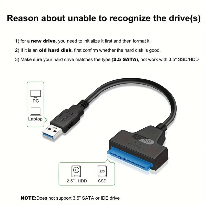 Câble adaptateur USB 3.0 vers SATA III haute vitesse pour disque dur/SSD de 6,35 cm, Plug & Play facile, compatible UASP, noir 4 Câble adaptateur USB 3.0 vers SATA III haute vitesse pour disque dur/SSD de 6,35 cm, Plug & Play facile, compatible UASP, noir – Image 3