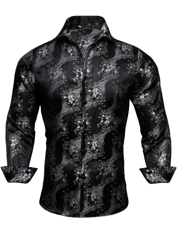 Chemise à fleurs jacquard tendance pour homme, Tissu en polyester non extensible à manches longues avec col à revers, chemise boutonnée à simple boutonnage pour toutes les saisons