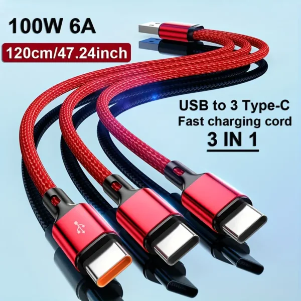 Câble de charge ultra rapide USB vers 3 types C 100 W 6 A 20 cm/120 cm pour Huawei Honor Xiaomi Redmi POCO pour SamSung OPPO pour VIVO Câbles de chargeur USB haute vitesse Câble de charge USB C pour voiture Chargeur USB C Type-C Câble de données USB vers Type C 3 en 1 Câble de chargeur de téléphone – Image 4