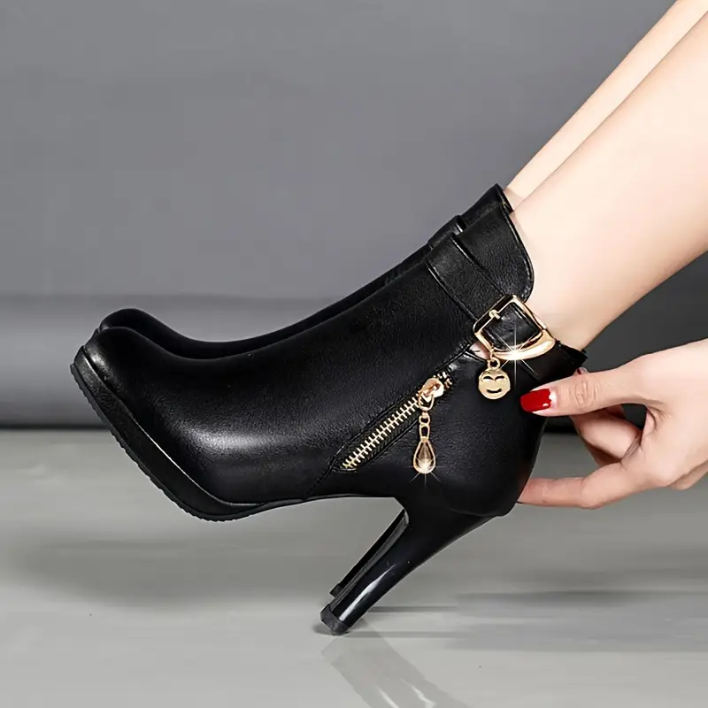Bottines à plateforme imperméables chics pour femmes avec fermeture éclair latérale, Revêtement en similicuir, talon épais, bout rond 7 Bottines à plateforme imperméables chics pour femmes avec fermeture éclair latérale, Revêtement en similicuir, talon épais, bout rond – Image 6