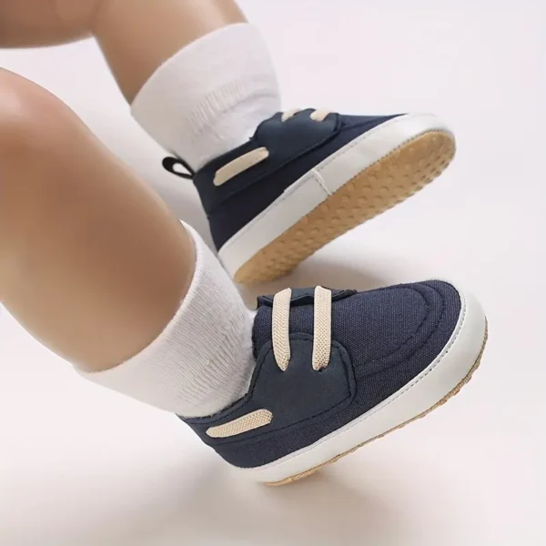 Paire de chaussures en toile style sport vintage preppy pour bébé garçon, Chaussures de marche décontractées toutes saisons pour tout-petits avec lacets et fermeture à enfiler - Image 8