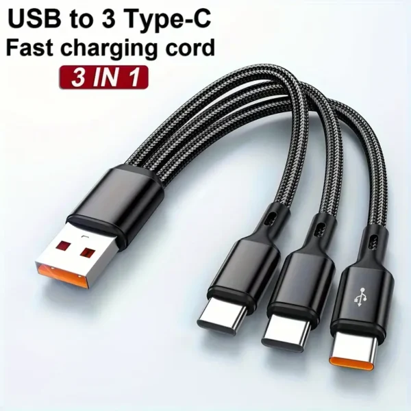Câble de charge ultra rapide USB vers 3 types C 100 W 6 A 20 cm/120 cm pour Huawei Honor Xiaomi Redmi POCO pour SamSung OPPO pour VIVO Câbles de chargeur USB haute vitesse Câble de charge USB C pour voiture Chargeur USB C Type-C Câble de données USB vers Type C 3 en 1 Câble de chargeur de téléphone – Image 9