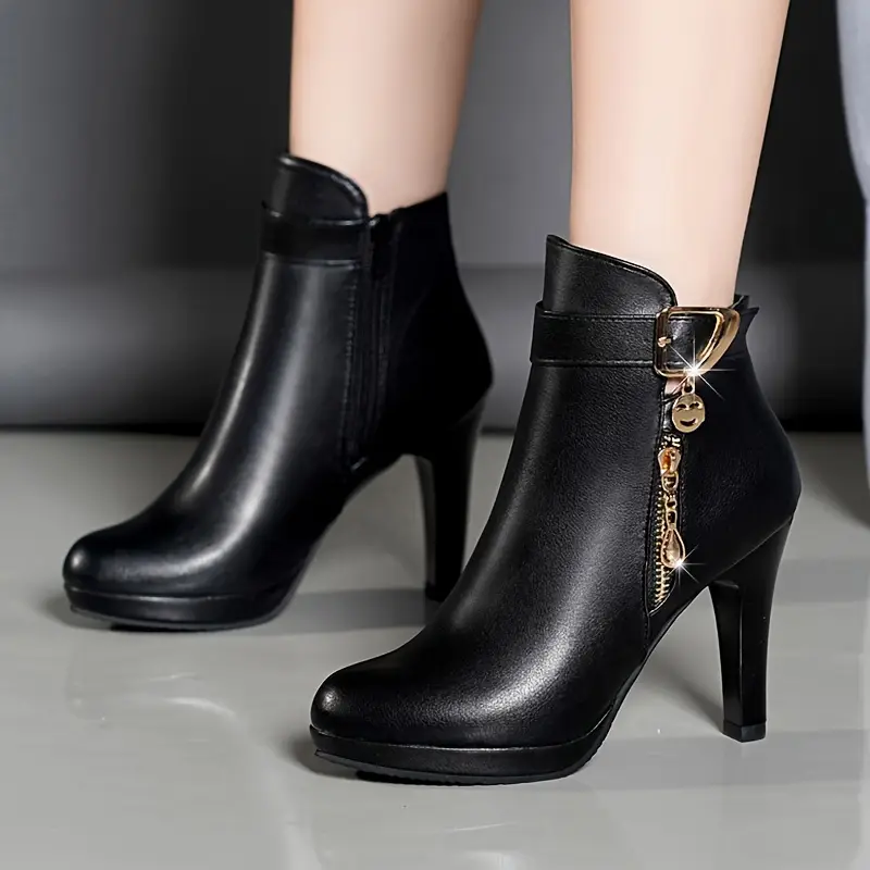 Bottines à plateforme imperméables chics pour femmes avec fermeture éclair latérale, Revêtement en similicuir, talon épais, bout rond 8 Bottines à plateforme imperméables chics pour femmes avec fermeture éclair latérale, Revêtement en similicuir, talon épais, bout rond – Image 7