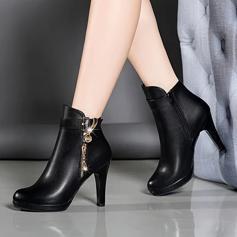 Bottines à plateforme imperméables chics pour femmes avec fermeture éclair latérale, Revêtement en similicuir, talon épais, bout rond 9 Bottines à plateforme imperméables chics pour femmes avec fermeture éclair latérale, Revêtement en similicuir, talon épais, bout rond – Image 8
