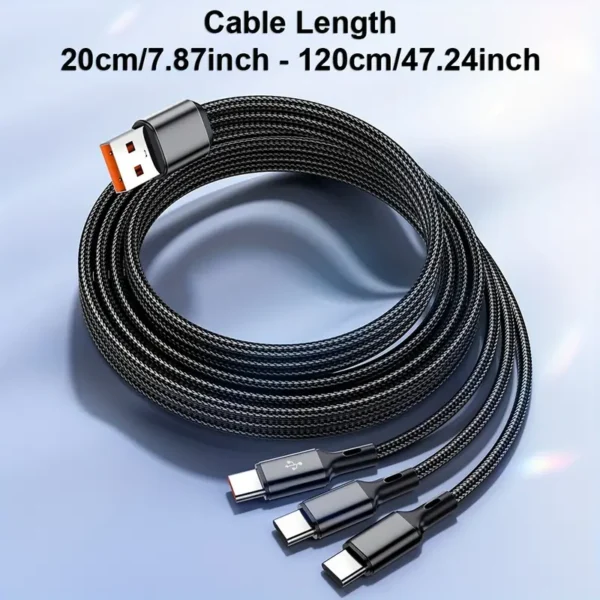 Câble de charge ultra rapide USB vers 3 types C 100 W 6 A 20 cm/120 cm pour Huawei Honor Xiaomi Redmi POCO pour SamSung OPPO pour VIVO Câbles de chargeur USB haute vitesse Câble de charge USB C pour voiture Chargeur USB C Type-C Câble de données USB vers Type C 3 en 1 Câble de chargeur de téléphone – Image 10