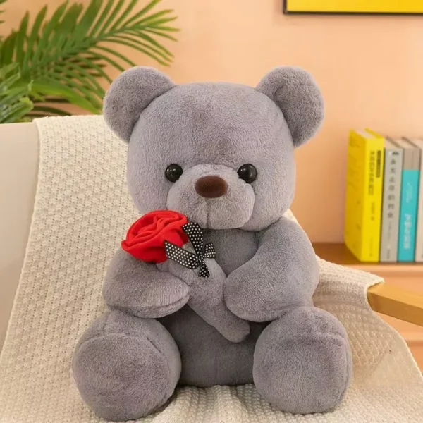 Charmant trio d'ours en peluche avec roses, Peluches douces en polypropylène, cadeaux idéaux pour tous les âges, Disponible en blanc, gris, rose – Image 9