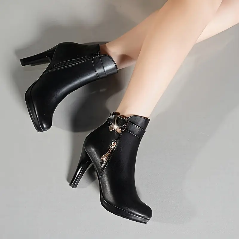Bottines à plateforme imperméables chics pour femmes avec fermeture éclair latérale, Revêtement en similicuir, talon épais, bout rond 10 Bottines à plateforme imperméables chics pour femmes avec fermeture éclair latérale, Revêtement en similicuir, talon épais, bout rond – Image 9