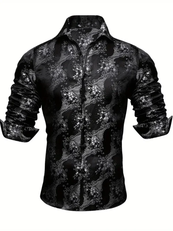 Chemise à fleurs jacquard tendance pour homme, Tissu en polyester non extensible à manches longues avec col à revers, chemise boutonnée à simple boutonnage pour toutes les saisons - Image 6