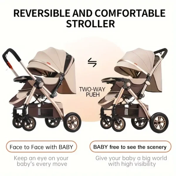 Poussette élégante pour jeunes à rayures kaki et marron - Acier à haute teneur en carbone – Image 4