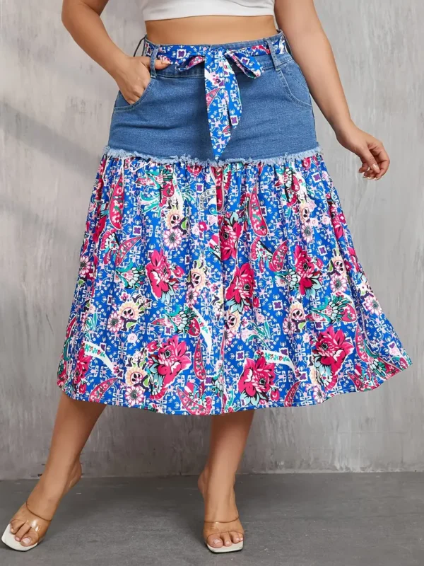 1 jupe midi en jean style bohème chic avec imprimé floral, jupe longue plissée avec cordon de serrage et ceinture, tissu tissé extensible moyen, coupe standard – Image 2