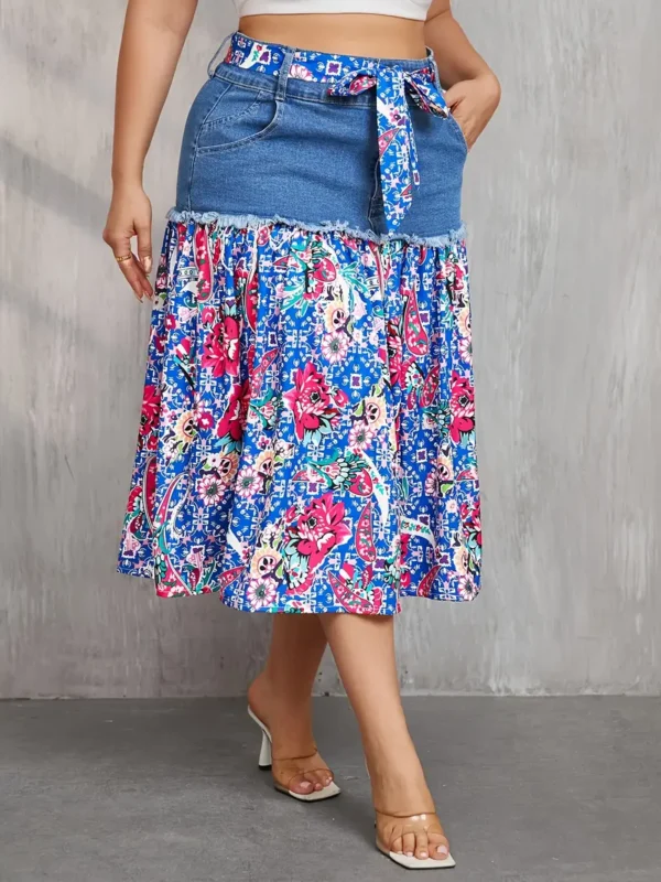 1 jupe midi en jean style bohème chic avec imprimé floral, jupe longue plissée avec cordon de serrage et ceinture, tissu tissé extensible moyen, coupe standard – Image 5