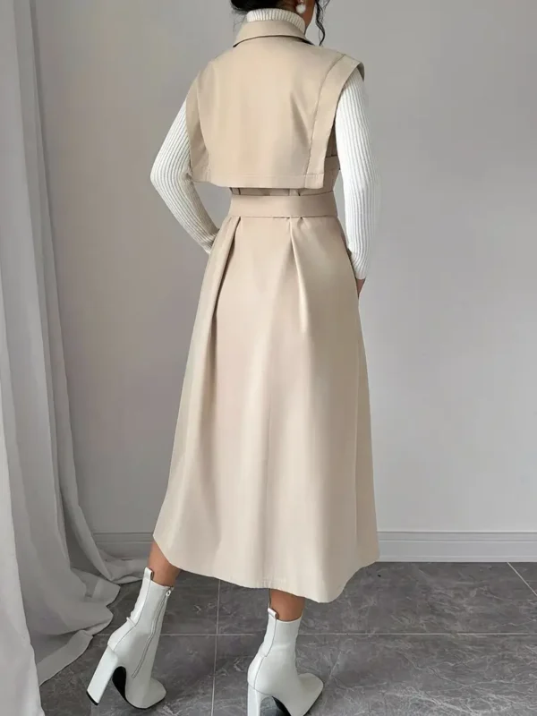 Ensemble élégant 2 en 1 trench coat et robe pour femme, Sans manches, détail boutonné avec ceinture et poches, lavable en machine - Image 4