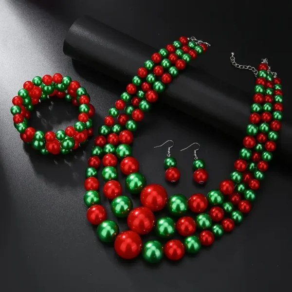 Une paire de boucles d'oreilles, un bracelet et un collier, Style de Noël, Collier épais en perles d'imitation – Image 9