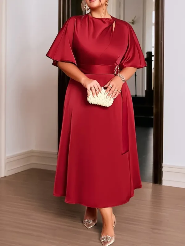 Robe élégante en velours rouge grande taille - Étincelante, manches 3/4 froncées - Image 8