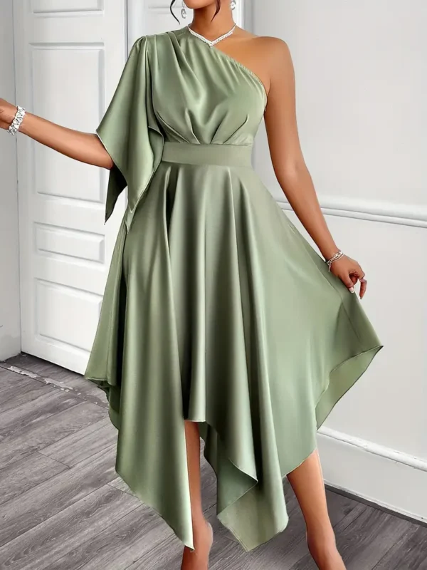 Robe péplum asymétrique élégante à une épaule pour femme, robe mi-longue en satin de polyester de couleur unie avec détails de manches à volants, Tenue de soirée tissée pour adultes - Image 2