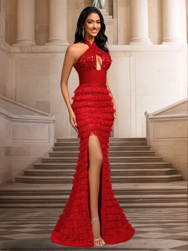 Une robe de soirée rouge unie pour femme, avec un style élégant avec un design à col haut en maille et paillettes - Image 11