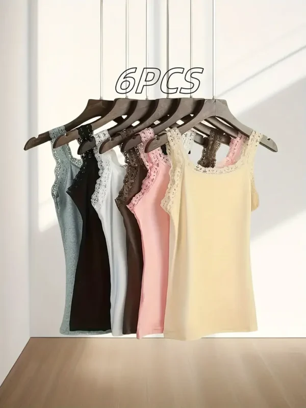 Lot de 6 débardeurs en nylon et élasthanne avec détails en dentelle contrastée, hauts sans manches de couleur unie – Image 3