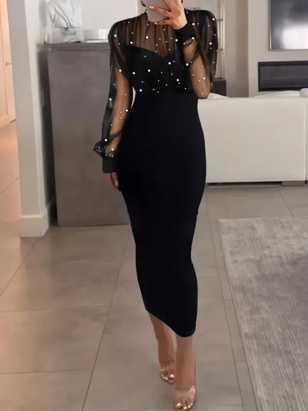 Robe élégante à manches longues et perles, robe mi-longue moulante chic à col ras du cou avec détails en maille, tissu en tricot de polyester – Image 5
