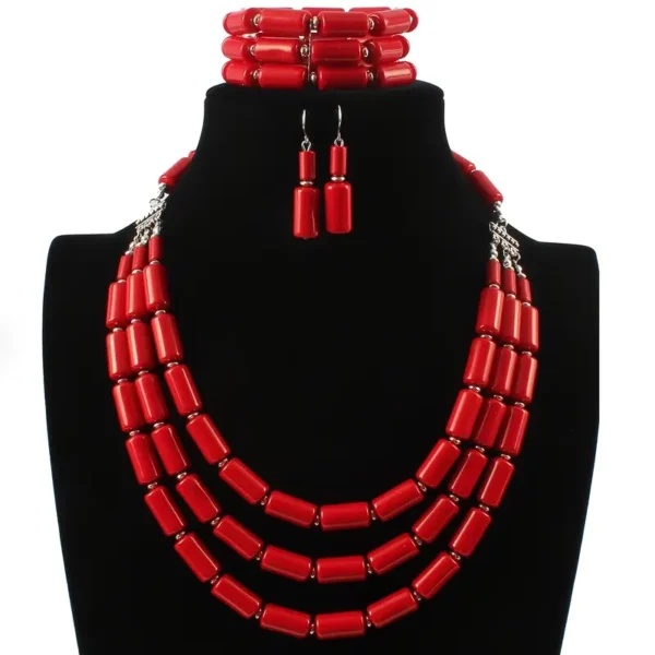 Ensemble de bijoux en résine avec collier multicouches et boucles d'oreilles et bracelet en perles rouges de style bohème – Image 2