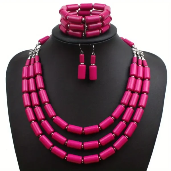 Ensemble de bijoux en résine avec collier multicouches et boucles d'oreilles et bracelet en perles rouges de style bohème – Image 5