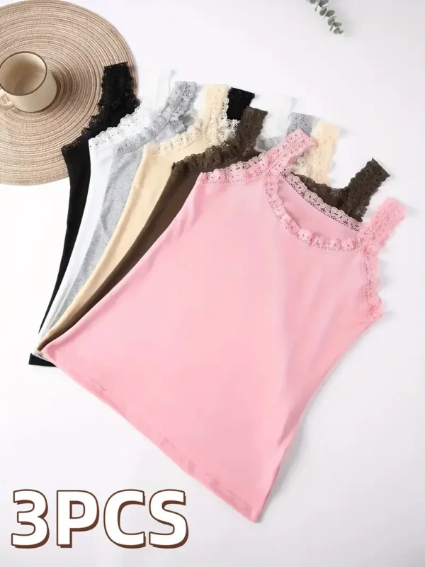 Lot de 6 débardeurs en nylon et élasthanne avec détails en dentelle contrastée, hauts sans manches de couleur unie – Image 5