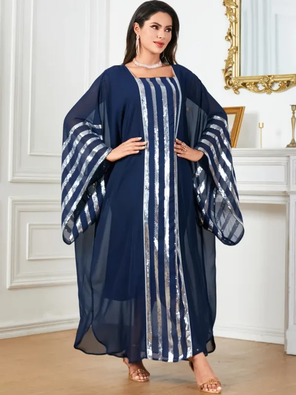 Robe longue élégante à manches chauve-souris brodée à paillettes et à rayures – Image 3