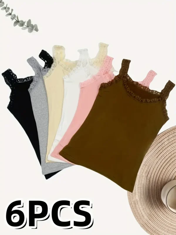 Lot de 6 débardeurs en nylon et élasthanne avec détails en dentelle contrastée, hauts sans manches de couleur unie – Image 7