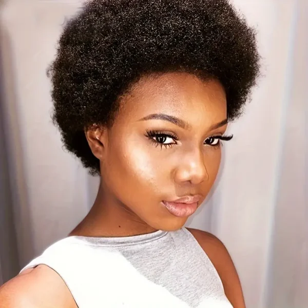 Perruque élégante coupe Pixie afro bouclée de 4 pouces pour femme, Cheveux humains noirs naturels - Image 2