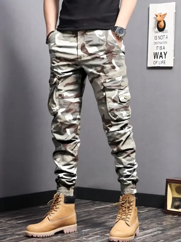 Pantalon cargo imprimé camouflage, pantalon ample 100 % polyester, style urbain, avec plusieurs poches, pour un week-end décontracté, tissu tissé toutes saisons, pantalon grande taille