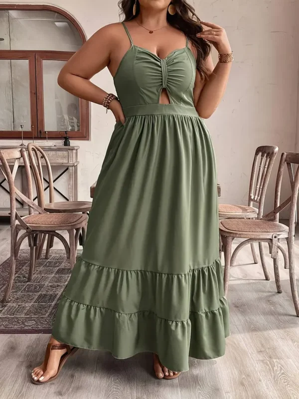 Robe longue élégante en polyester grande taille, Bretelles spaghetti froncées, plis sur la poitrine, ourlet à volants, couleur unie, tissu non extensible, robe ajustée et évasée toutes saisons - Image 9