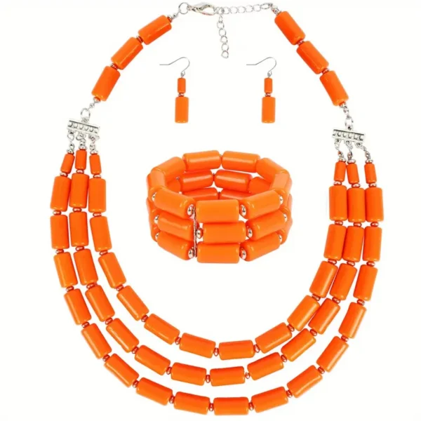 Ensemble de bijoux en résine avec collier multicouches et boucles d'oreilles et bracelet en perles rouges de style bohème – Image 7