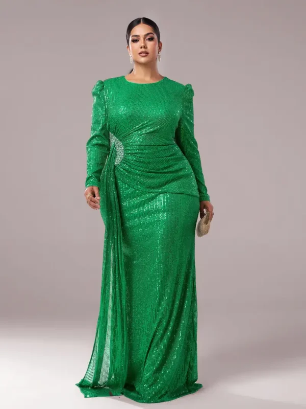 Robe moulante élégante à paillettes, manches longues, col ras du cou, coupe ajustée, mélange de polyester et d'élasthanne tricoté - Image 3