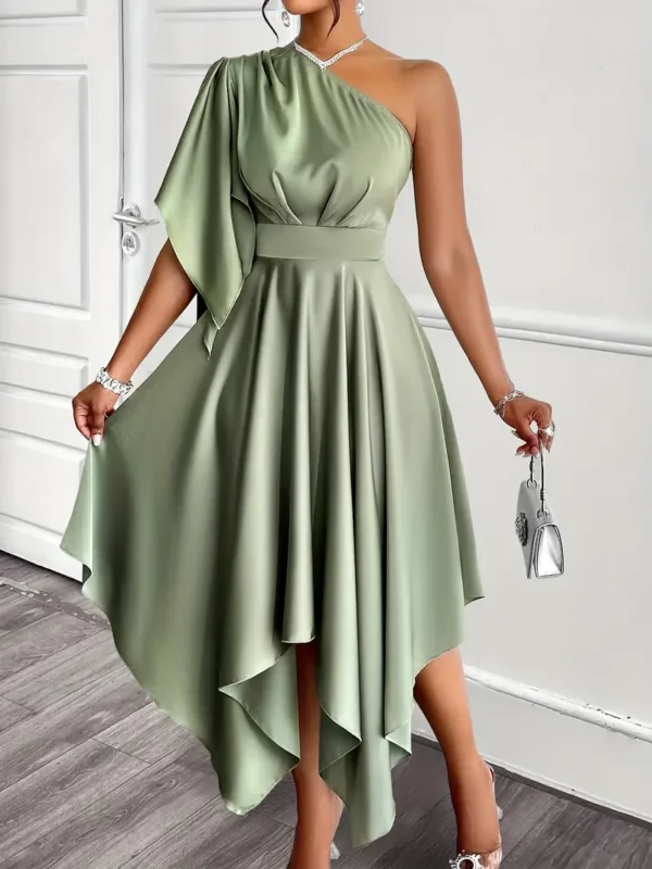 Robe péplum asymétrique élégante à une épaule pour femme, robe mi-longue en satin de polyester de couleur unie avec détails de manches à volants, Tenue de soirée tissée pour adultes